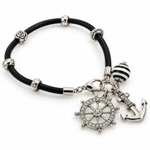 Nautical Anchor Ship Wheel Charm Bracelet Black Cord Ocean Beach Jewelry